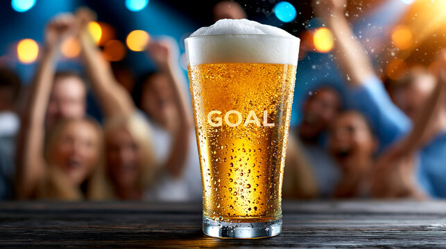 Glass of cold beer on wooden table with cheering crowd