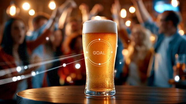 Pint of cold beer on a table with a glowing digital goal graphic