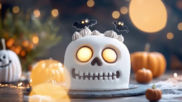 Glowing skull cake with pumpkin decorations for halloween celebration