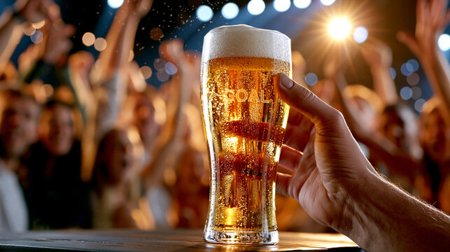Close-up of a hand holding a glass of cold beer in a crowded venue