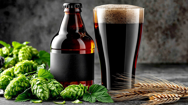 Dark beer bottle and glass with hops and barley