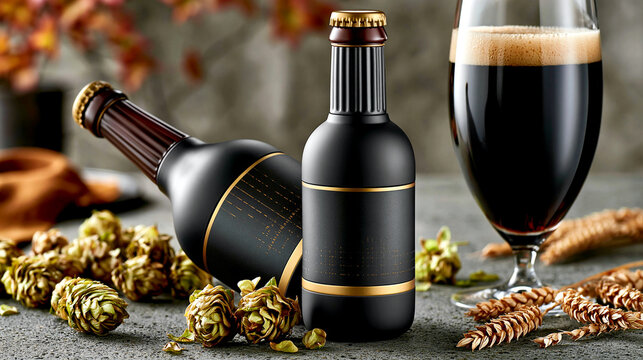 Black beer bottles and a full glass with hops on stone surface