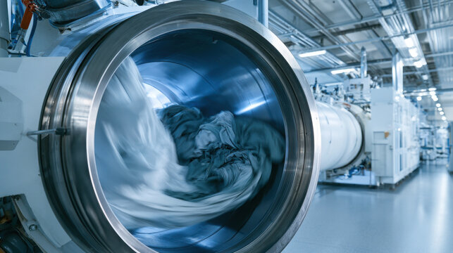 Rotating textile dyeing machine drum in industrial factory - photorealistic  