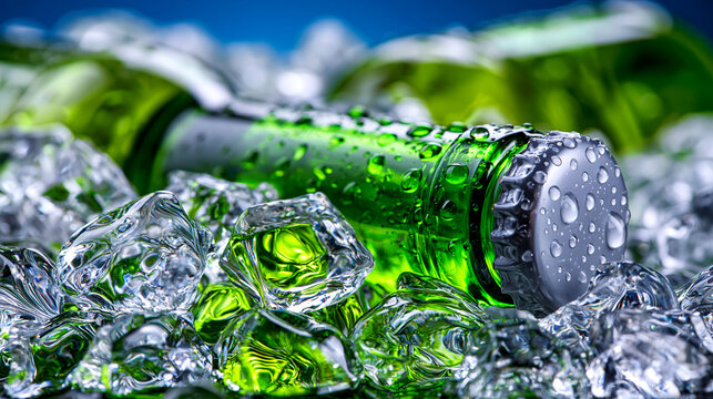 Green glass bottle covered in water droplets resting on ice cubes
