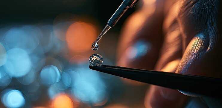 A droplet of liquid falls onto a small, faceted gemstone held by tweezers