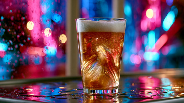 Glass of beer on a wet counter with colorful neon city bokeh lights