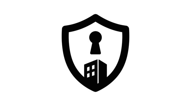 Shield icon depicting a keyhole above a building silhouette, symbolizing robust security and comprehensive protection for real estate, property, and urban assets.