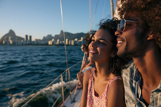 Happy Young Couple Enjoying Sailboat Cruise at Sunset