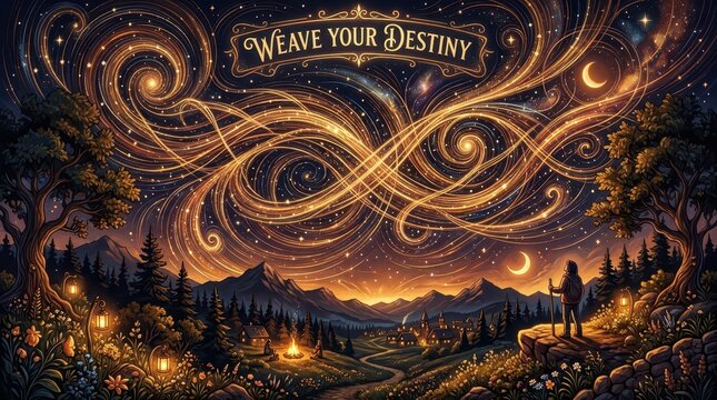 Magical Night Landscape with Glowing Celestial Infinity Swirls and Weave Your Destiny Text Banner