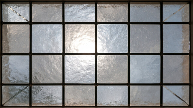 Textured Glass Window Grid with Sunlight Glowing Behind