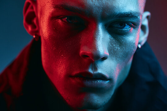 Close-Up of Intense Young Man in Neon Lighting