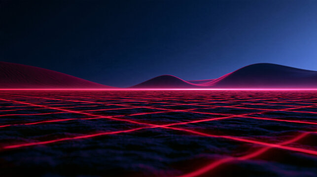 Futuristic Synthwave Landscape with Glowing Neon Grid