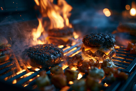 Cheeseburgers Grilling Over Open Flames on Barbecue