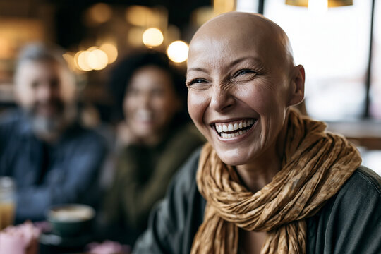 Cheerful Bald Woman Laughing with Friends at Cafe