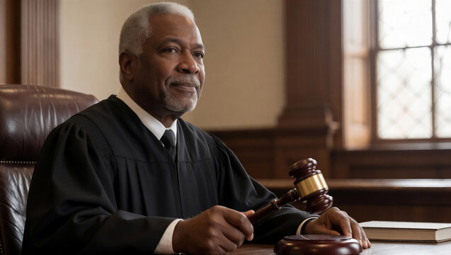 A distinguished African American judge presides in a legal courtroom, holding a gavel. This senior professional embodies justice and law, reflecting wisdom and experience