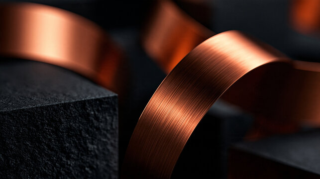 Curved Brushed Copper Metal Ribbon on Black Geometric Background