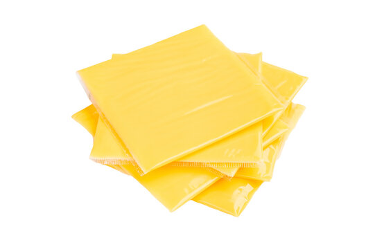 Square  Slices of processed Cheddar cheese in individual plastic packaging isolated on white background