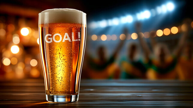 Pint of beer with foam and goal text on glass in a pub