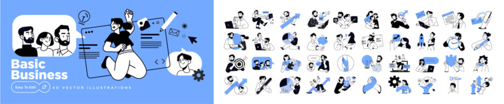 Basic business. Vector illustrations of people in various activities of business, management, marketing, startup, finance.