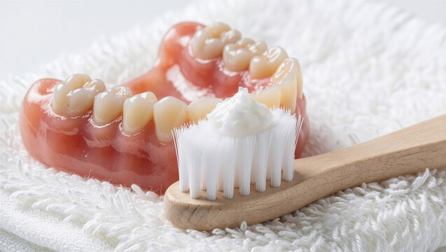 Detailed close-up of a dental prosthesis and toothbrush with toothpaste. Showcasing crucial oral hygiene and daily dental care. Ideal for health and wellness themes