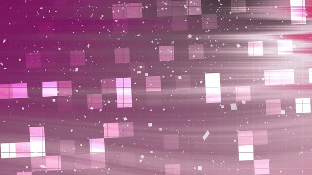 Abstract pink grid background pattern white glowing squares light streaks confetti particles.