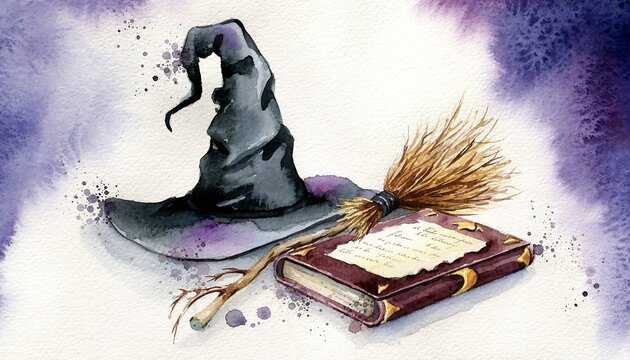 Watercolor witch hat, broomstick, and magic spellbook on purple background