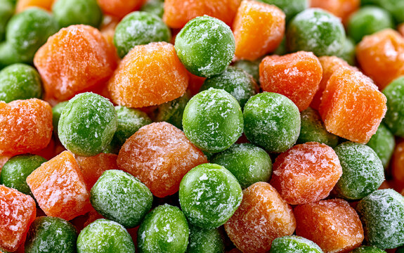 Close up of frozen peas and diced carrots background