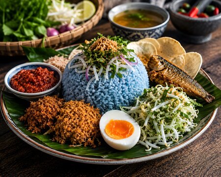Malaysian Nasi Kerabu Blue Pea Flower Rice Platter with Fried Fish Egg and Sambal
