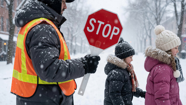 A crossing guard holds a red stop sign on a snowy street. Two children in winter coats walk during a heavy blizzard, ensuring road safety
