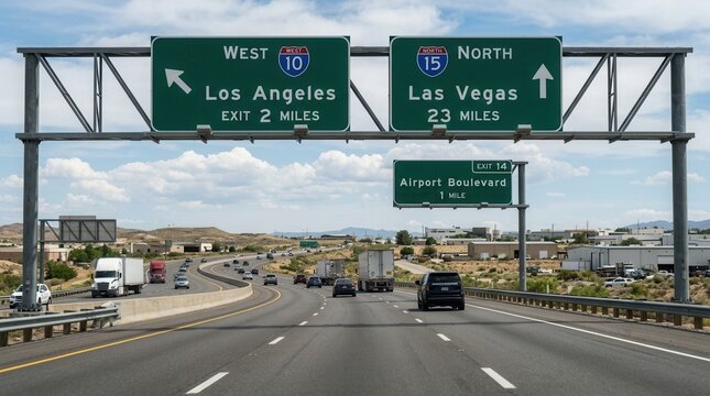 Interstate Highway Interchange With Signs To Los Angeles And Las Vegas