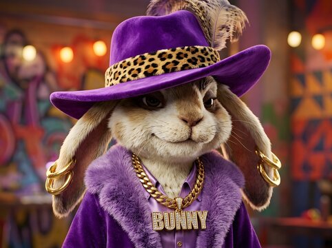 Stylish Rabbit in Purple Suit with Gold Bunny Chain