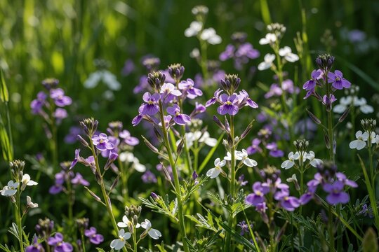 Small purple, white Cyanthillium cinereum flowers bloom in green grass field. Wild flora grows under bright sunlight in spring garden. Close up view of delicate plant blossoms with natural texture,