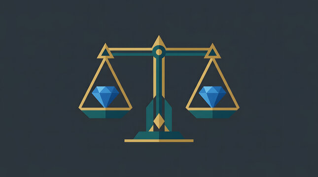 Minimalist flat vector logo illustration of a balanced golden scale of justice holding two blue diamonds
