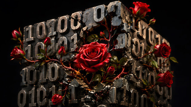 Red blooming rose flowers growing around a dark concrete block carved with binary numbers code digits