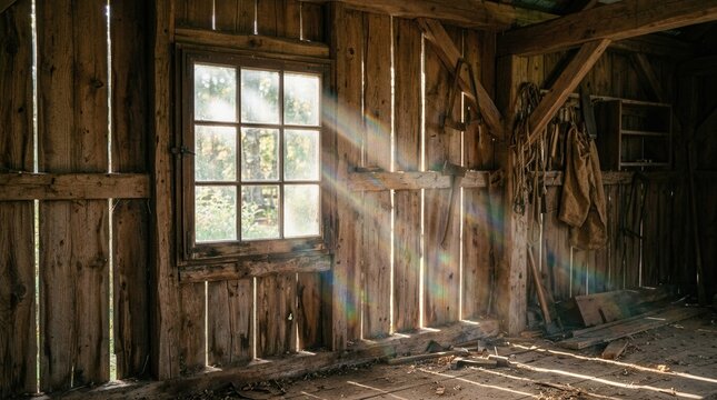 Rustic Barn Interior Bathed In Golden Sunlight Rays Illuminating Old Wooden Walls