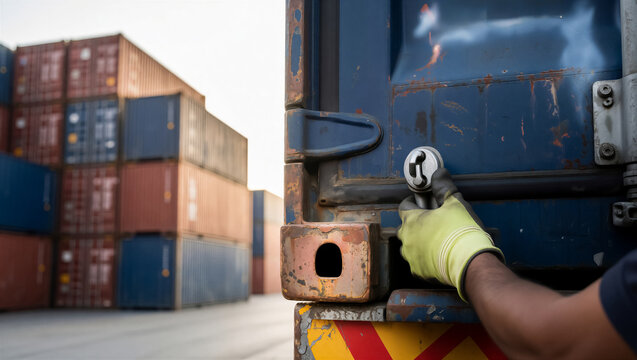 A professional worker secures a blue shipping container lock at a port. This industrial scene represents global trade and cargo transportation