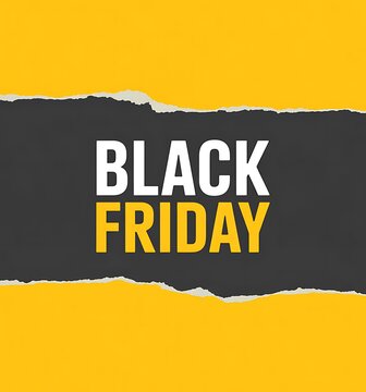 Black friday sale banner design with white and yellow text on a dark torn paper background