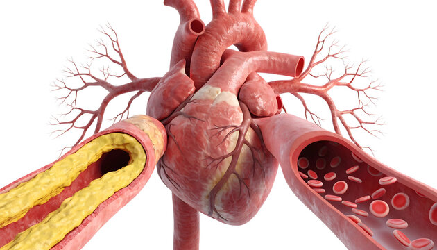 Arteriosclerosis disease and human heart cardiovascular health. Coronary artery blockage and stroke risk. Blood vessels demonstrating normal circulation versus fatty plaque