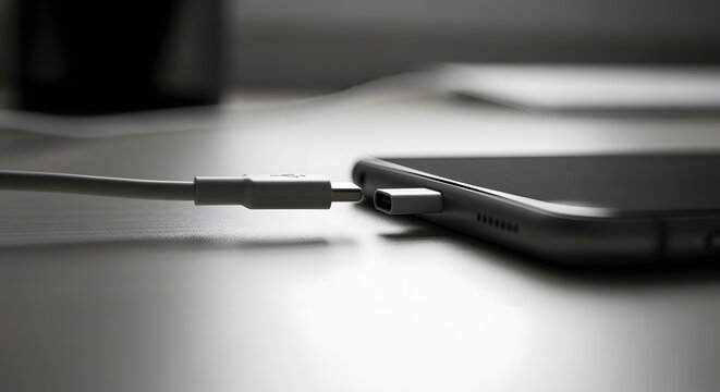 Close up shot of a charging cable unplugged from a modern smartphone representing disconnect, low battery, connection issue, and digital technology concepts