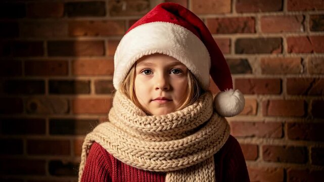 Child in Santa Hat with Cozy Winter Scarf.