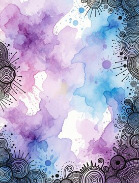 Abstract watercolor art with pink blue purple splashes and doodle ink borders. Vibrant paint texture creates dreamlike effect for backgrounds.