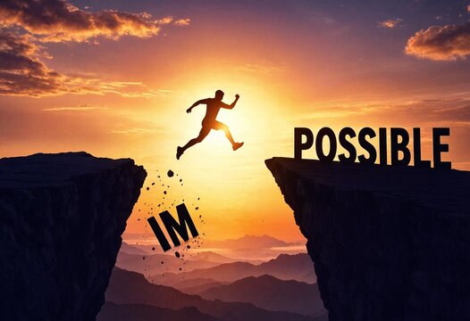 A silhouette of a man jumping across a canyon changing the word impossible to possible representing motivation, success, and overcoming challenges