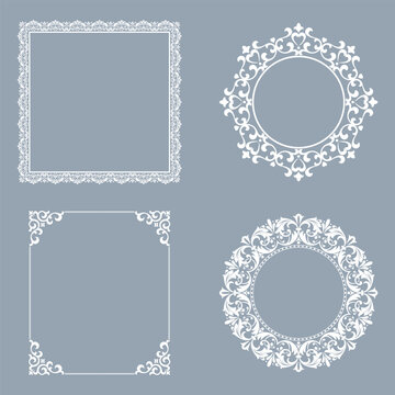 Set of decorative frames Elegant vector element for design in Eastern style, place for text. Floral gray and white frames. Lace illustration for invitations and greeting cards