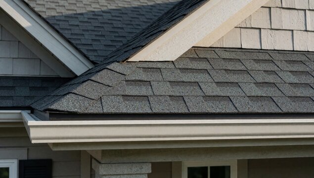 Roof house gray shingled covered dark grey shingles there white gutter running along edge columns trim appears