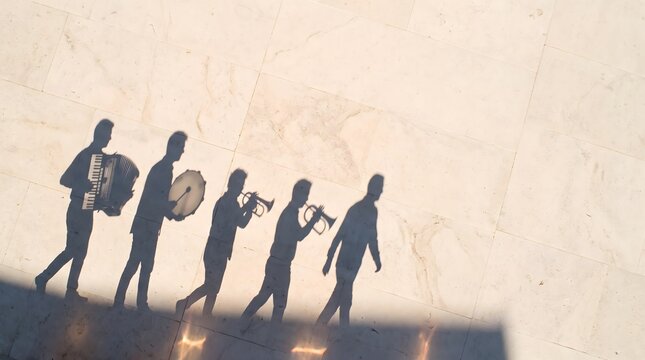 Silhouettes of a marching band performing outdoors in bright daylight with musical instruments brass instruments street performance band members trumpet player musicians