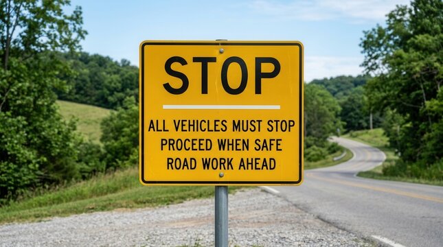 Road Work Ahead Stop Sign In Rural Landscape With Winding Road