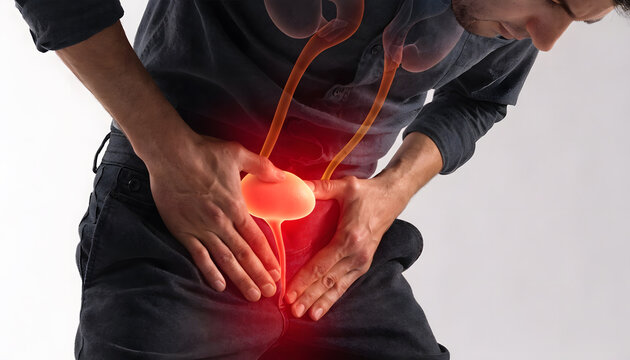 Prostatitis discomfort and male urinary tract infection. Bladder pain and urological health issues. Man holding painful lower abdomen with glowing bladder and ureter overlay