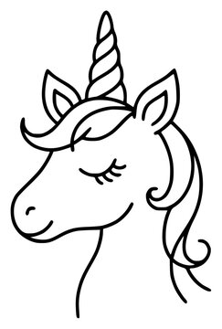 Black outline of a simple unicorn face with a swirled horn set with simple line art design featuring sketches, drawings, vector graphics with minimalist and simple illustrations