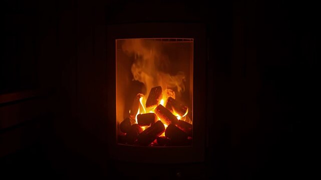 Glowing Fireplace Flames in Dark Room.