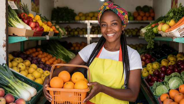 A smiling Black female market vendor holds a basket of organic fruit. This small business owner proudly stands inside her local grocery shop
